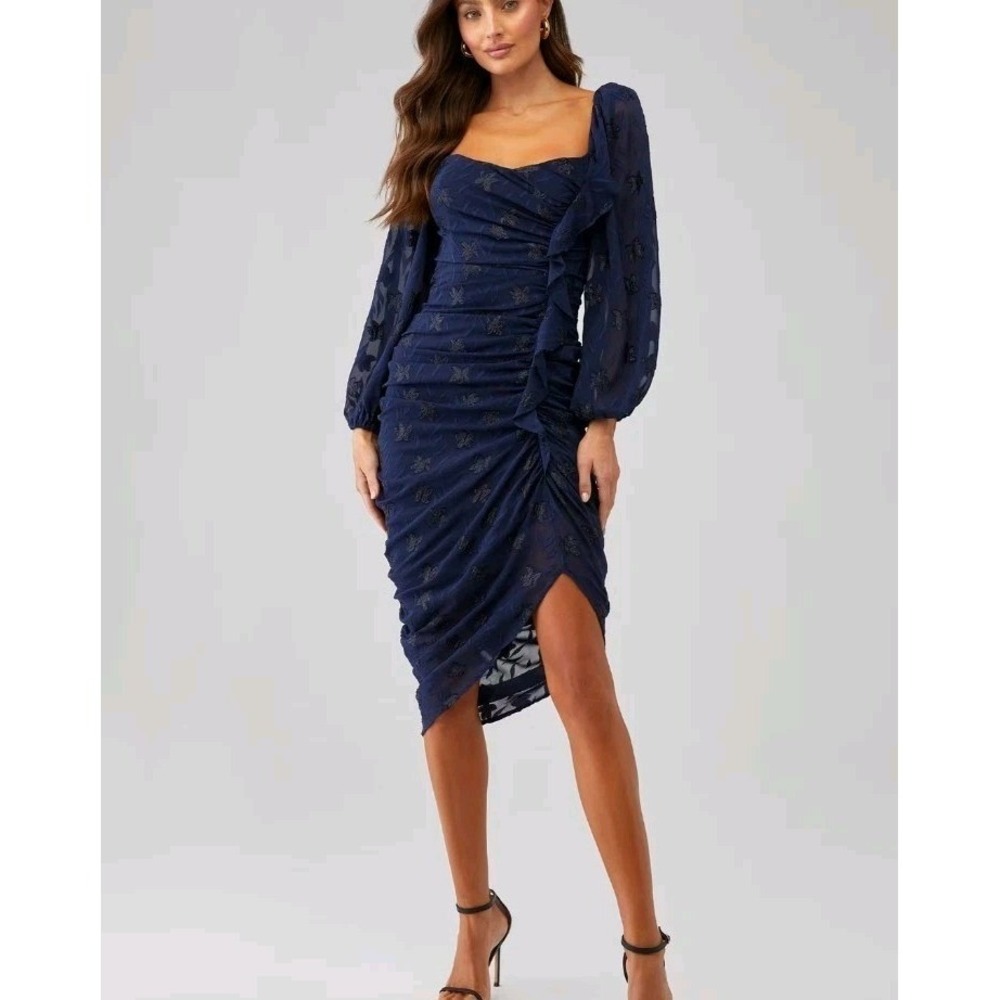 ASTR The Label Athens Ruched Ruffle Front Puff Sleeve Dress Navy S NWT Whimsical